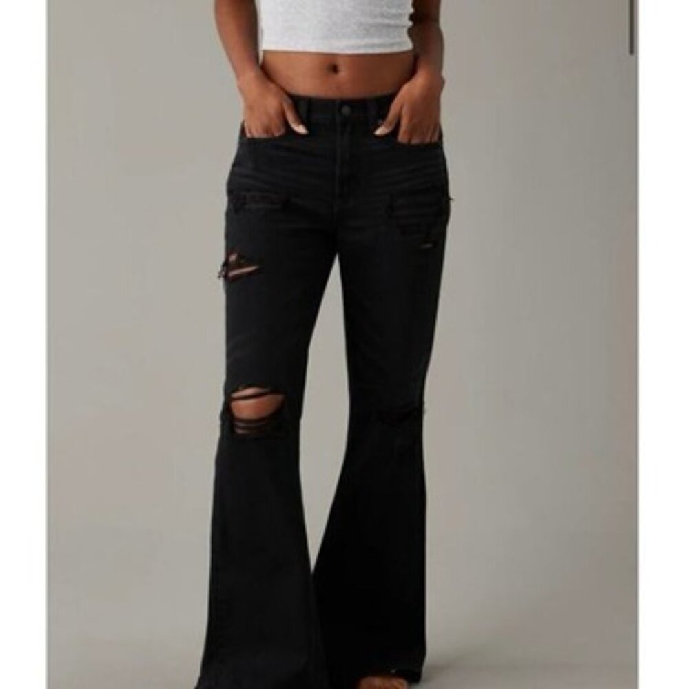 American Eagle 2 Short Distressed Black Low Rise Baggy Flare Jeans